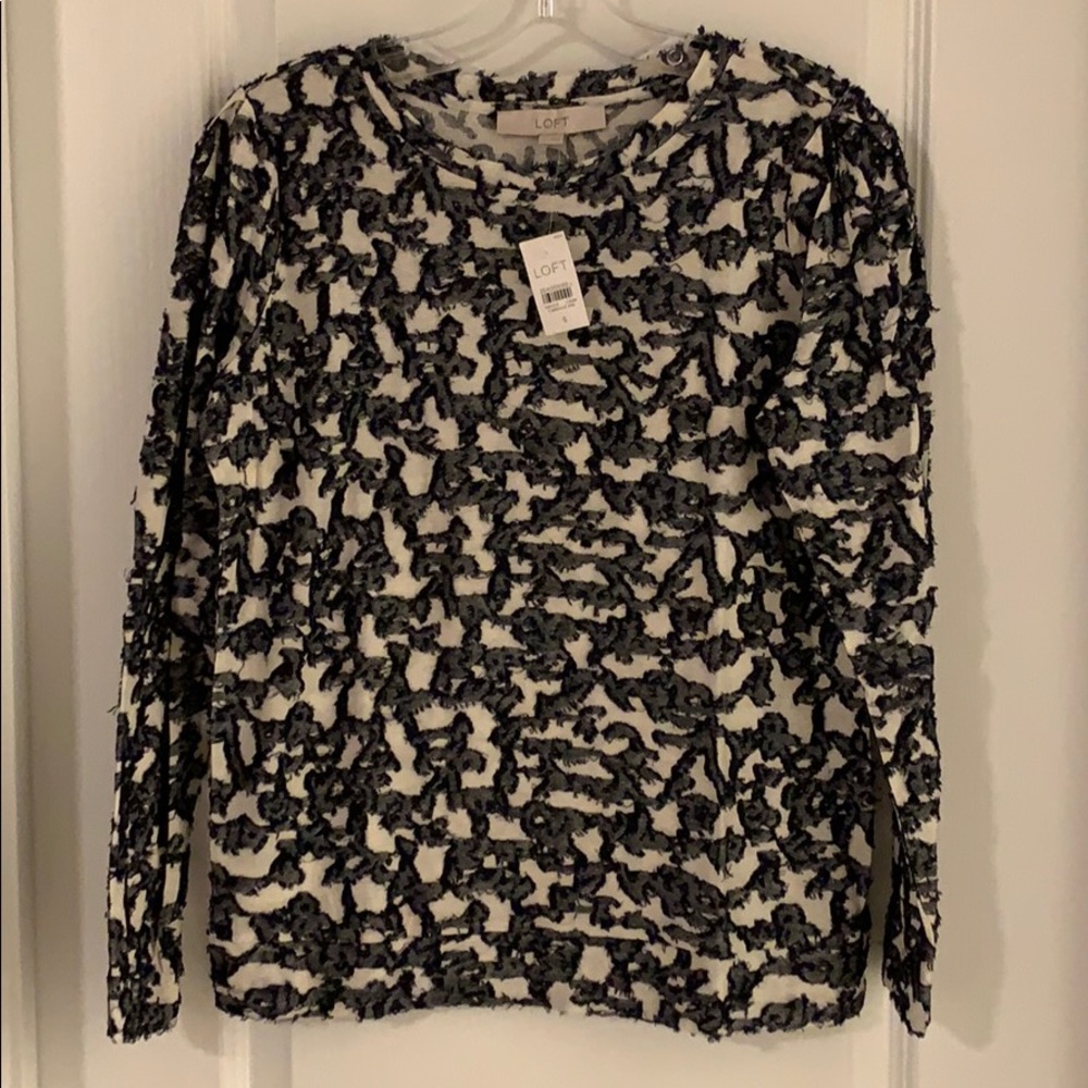 NWT LOFT Black And White 100% Cotton Long Sleeves Short Fringe Print Top Size S